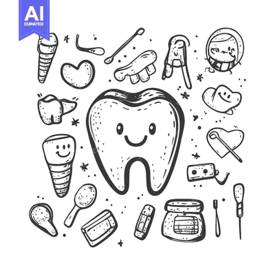 Aset desain premium: A Hand-Drawn Illustration of a Smiling Tooth and Dental Accessories