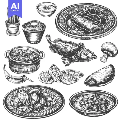 Aset desain premium: A Hand-Drawn Illustration of Assorted Foods and Ingredients