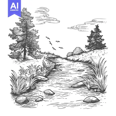 A Hand-Drawn Illustration of a Stream Flowing Through a Forest