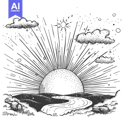 A Hand-Drawn Illustration of a Sunrise Over a Winding River