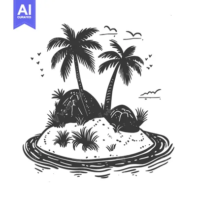 Aset desain premium: A Hand-Drawn Illustration of a Tropical Island with Palm Trees and a S