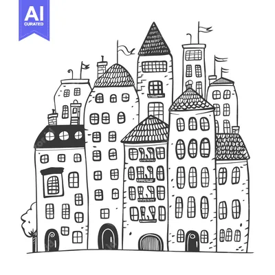 Premium design asset: A Hand-Drawn Illustration of a Whimsical Town with Various Houses and