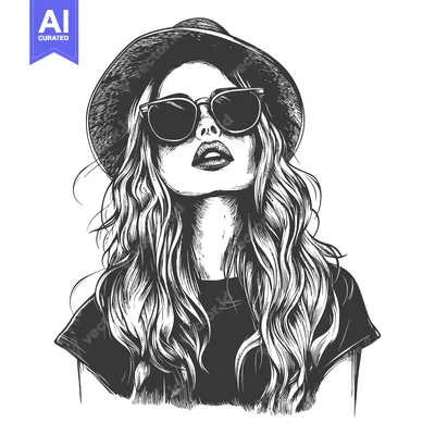 Premium design asset: A Hand-Drawn Illustration of a Woman in a Hat and Sunglasses