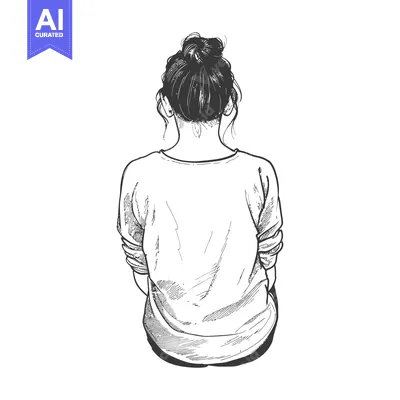 Premium design asset: A hand-drawn illustration of a woman sitting with her back to the view