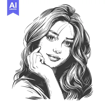 Aset desain premium: A Hand-Drawn Illustration of a Woman with Long Hair and a Soft Smile