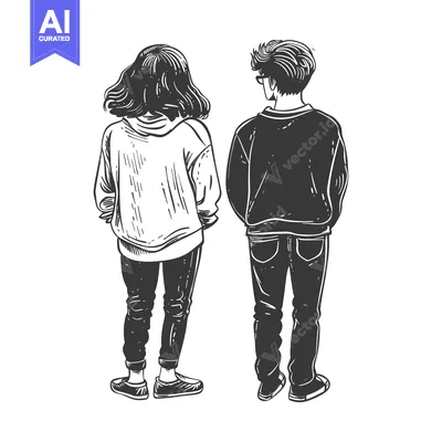 Aset desain premium: A Hand-Drawn Illustration of a Young Couple Standing Back-to-Back