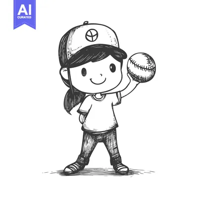 Premium design asset: A Hand-Drawn Illustration of a Young Girl Holding a Baseball