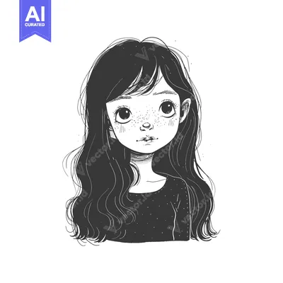 Aset premium populer: A Hand-Drawn Illustration of a Young Girl with Long Wavy Hair and Frec