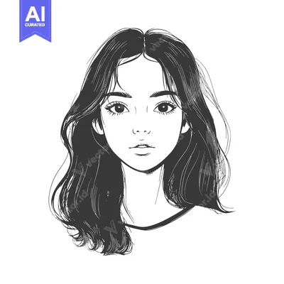 Premium design asset: A Hand-Drawn Illustration of a Young Woman's Face with Long Wavy Hair