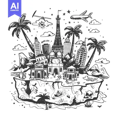 A Hand-Drawn Illustration of Famous Landmarks on a Tropical Island