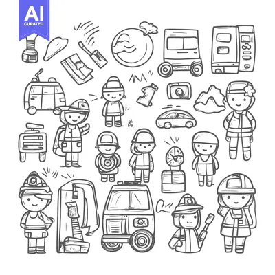 Aset premium populer: A Hand-Drawn Illustration of Firefighters, Fire Trucks, and Other Fire