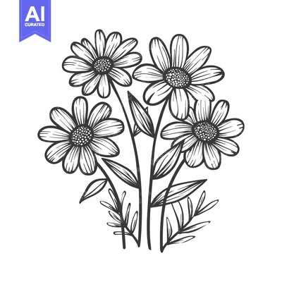Aset desain premium: A Hand-Drawn Illustration of Four Daisies with Stems and Leaves
