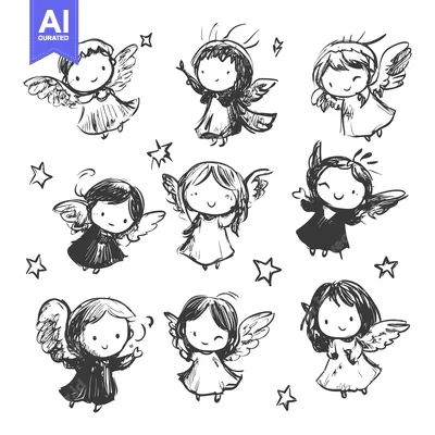 Aset desain premium: A Hand-Drawn Illustration of Nine Smiling Angels with Wings and Stars