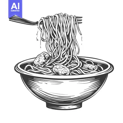 Premium design asset: A Hand-Drawn Illustration of Noodles with Meatballs in a Bowl