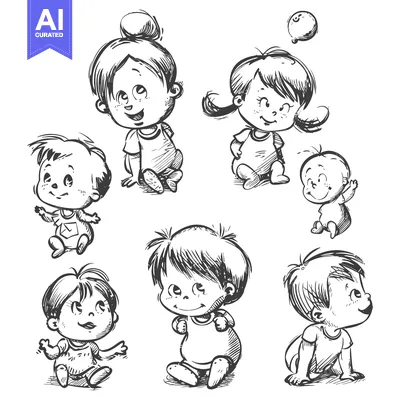 Aset premium populer: A Hand-Drawn Illustration of Six Adorable Babies with Different Expres