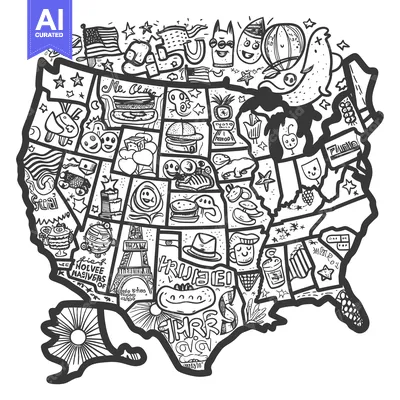 Aset desain premium: A Hand-Drawn Illustration of the United States Filled with Quirky and
