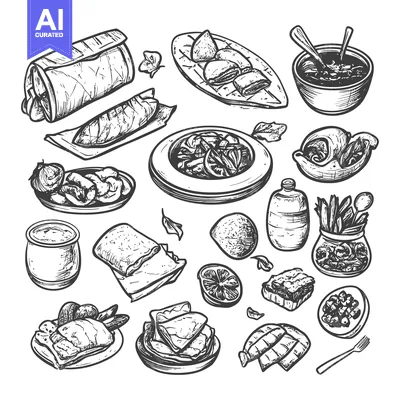 Aset premium populer: A Hand-Drawn Illustration of Various Dishes and Food Items