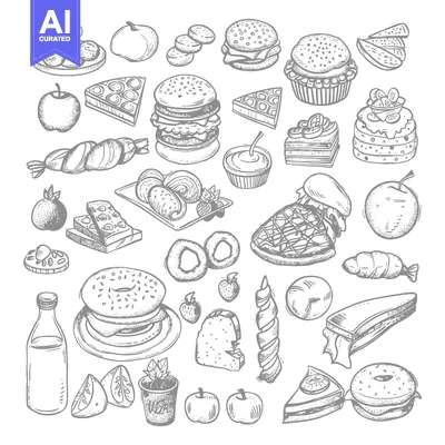Aset premium populer: A Hand-Drawn Illustration of Various Food Items