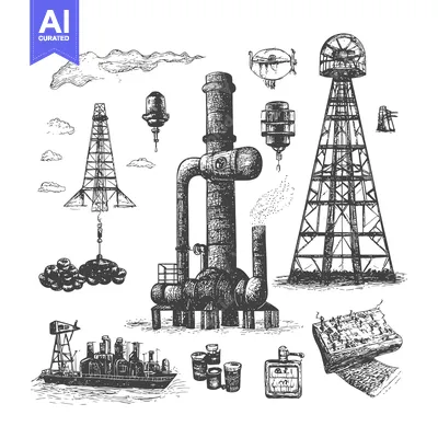 Aset desain premium: A Hand-Drawn Illustration of Various Industrial and Technological Stru