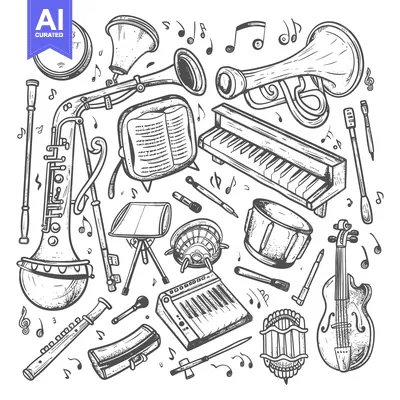 Aset premium populer: A Hand-Drawn Illustration of Various Musical Instruments