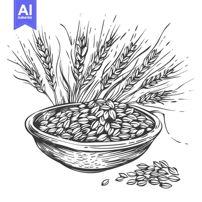 Premium design asset: A Hand-Drawn Illustration of Wheat Grains in a Bowl with Spikes