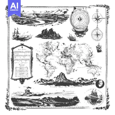Aset desain premium: A Hand-Drawn Nautical Map With Compass and Ships