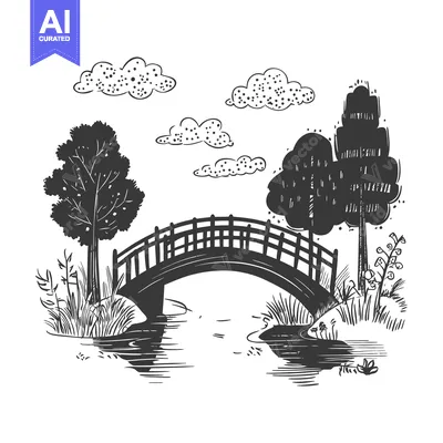 Aset desain premium: A Hand-Drawn Silhouette of a Bridge Over a Stream in a Wooded Setting