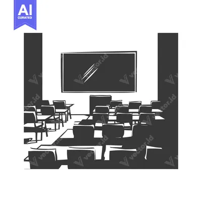Premium design asset: A Hand-Drawn Silhouette of a Classroom with Desks and a Blackboard