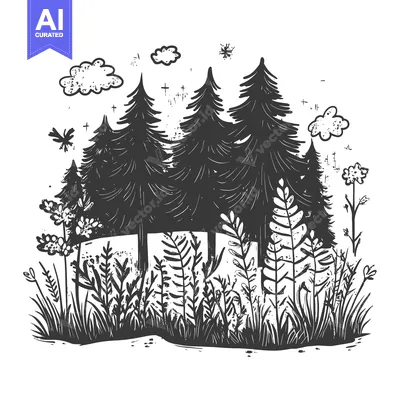 Aset premium populer: A Hand-Drawn Silhouette of a Forest with Clouds and Stars