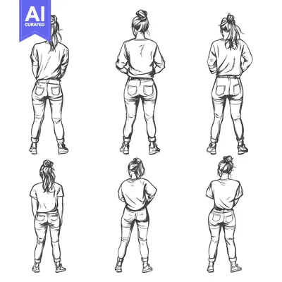 A Hand-Drawn Sketch Depicting Six Back Views of Women in Jeans and T-S