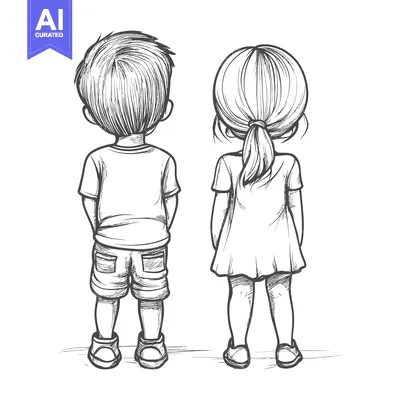 A Hand-Drawn Sketch of a Boy and a Girl Standing Back to Back