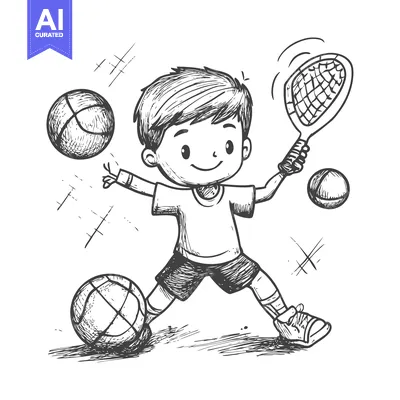 Aset premium populer: A Hand-Drawn Sketch of a Boy Playing Sports with a Tennis Racket and B