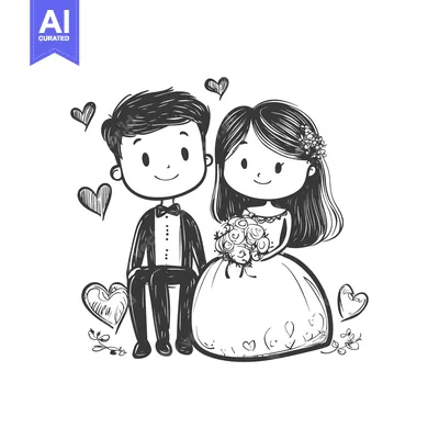 Popular premium asset: A Hand-Drawn Sketch of a Bride and Groom with Hearts and Flowers
