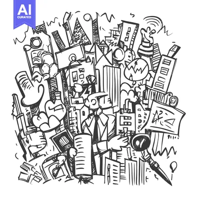 Aset premium populer: A Hand-Drawn Sketch of a Businessman in a Cityscape