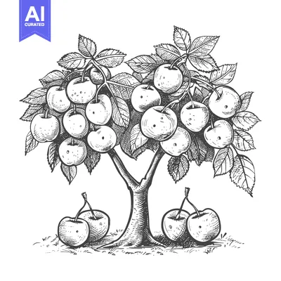 Popular premium asset: A Hand-Drawn Sketch of a Cherry Tree with Numerous Cherries and Three