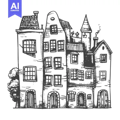 A Hand-Drawn Sketch of a Cluster of Quaint Buildings with Arched Doorw
