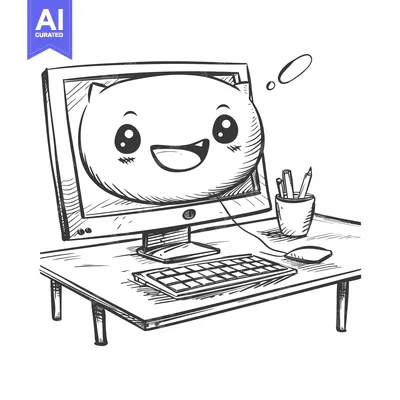 Aset premium populer: A hand-drawn sketch of a computer with a cute cartoon face on the scre