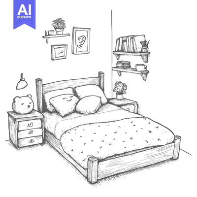 Aset desain premium: A Hand-Drawn Sketch of a Cozy Bedroom with a Bed, Nightstand, and Shel