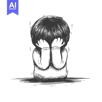Aset desain premium: A Hand-Drawn Sketch of a Depressed Person Covering Their Face with The