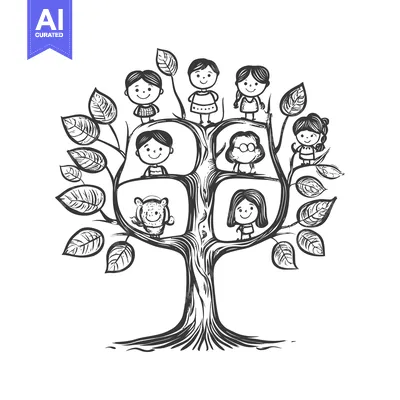 Aset premium populer: A Hand-Drawn Sketch of a Family Tree with Seven Cartoon People in Its