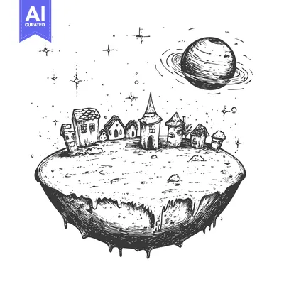 Aset desain premium: A Hand-Drawn Sketch of a Floating Village Under a Planet with Rings