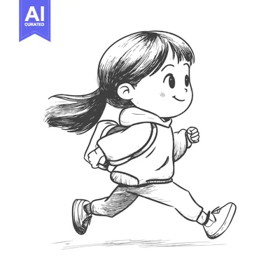 Premium design asset: A Hand-Drawn Sketch of a Girl Running with a Backpack