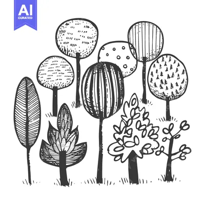 Aset premium populer: A Hand-Drawn Sketch of a Group of Trees with Unique Canopies and Trunk