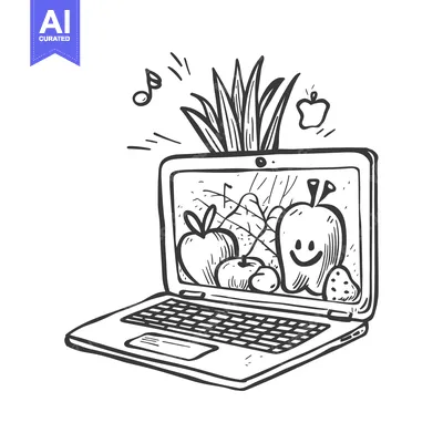 Aset premium populer: A Hand-Drawn Sketch of a Laptop with Fruit on the Screen