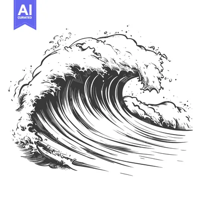 Aset desain premium: A Hand-Drawn Sketch of a Large Ocean Wave Breaking