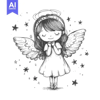 Aset premium populer: A Hand-Drawn Sketch of a Little Angel Girl with Wings and a Halo