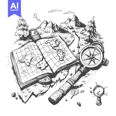 Aset desain premium: A Hand-Drawn Sketch of a Map, Compass, and Mountains