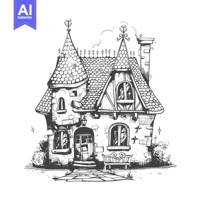 Aset premium populer: A Hand-Drawn Sketch of a Quaint Stone Cottage with Two Towers