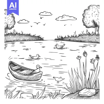 Aset premium populer: A Hand-Drawn Sketch of a Serene Lake Scene with Ducks, a Boat, and Lus