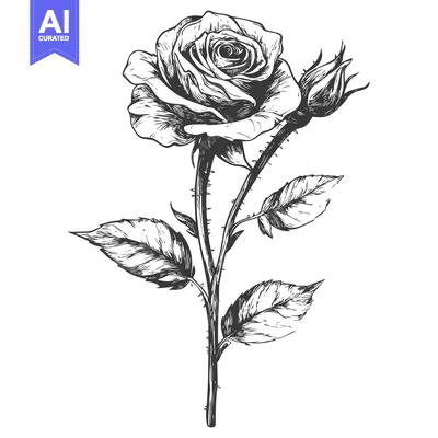 Aset desain premium: A hand-drawn sketch of a single rose with leaves and thorns